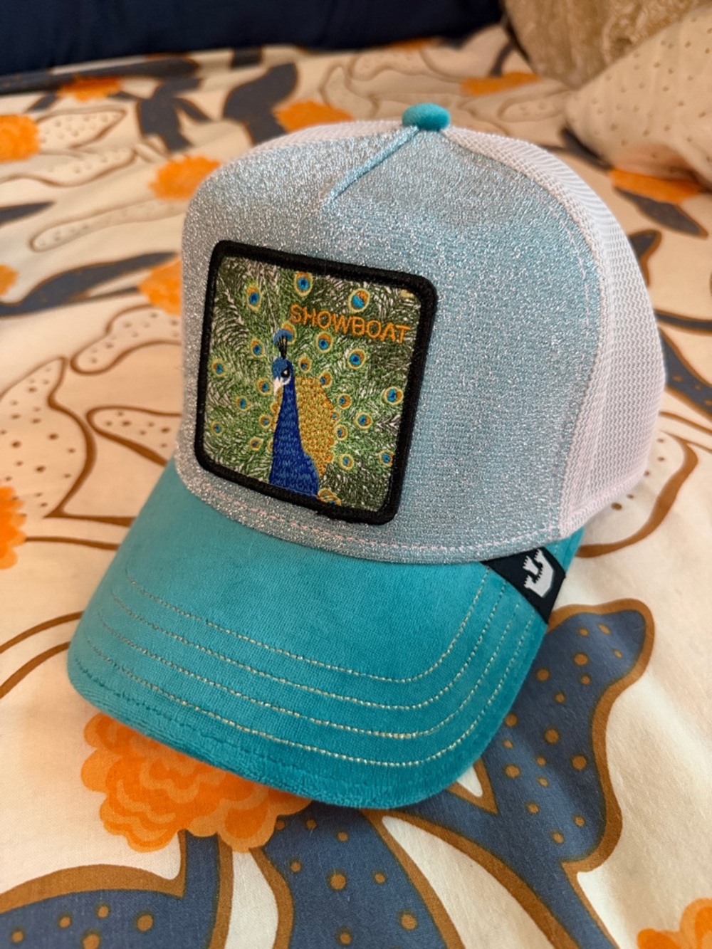 Goorin Bros The Farm Showboat Peacock Patch Trucker Hat in Turquoise & Silver